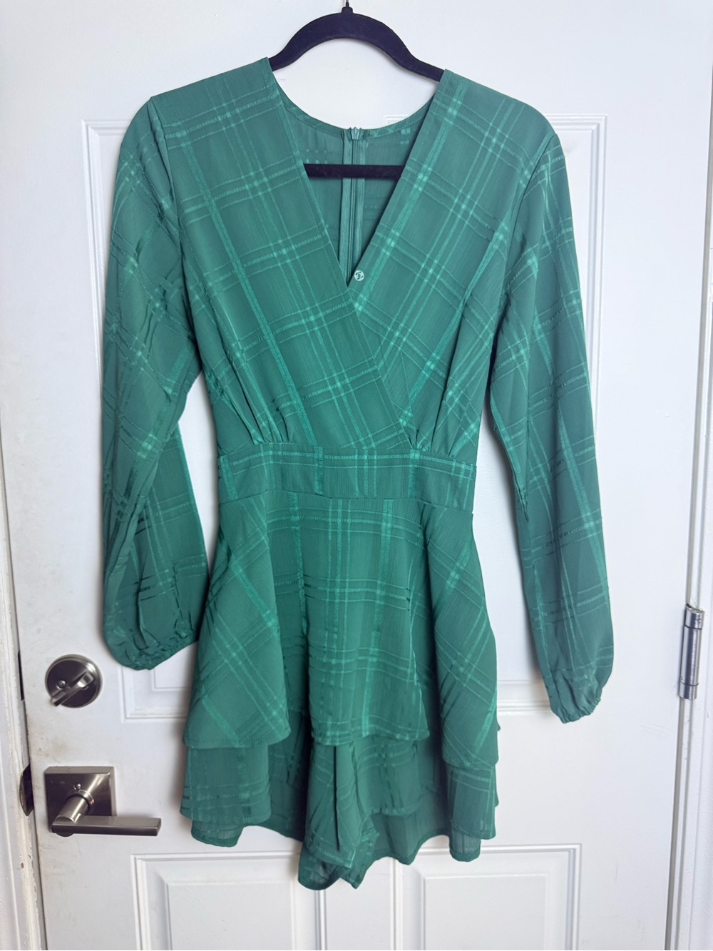 Green Long-Sleeve Wrap Romper Dress